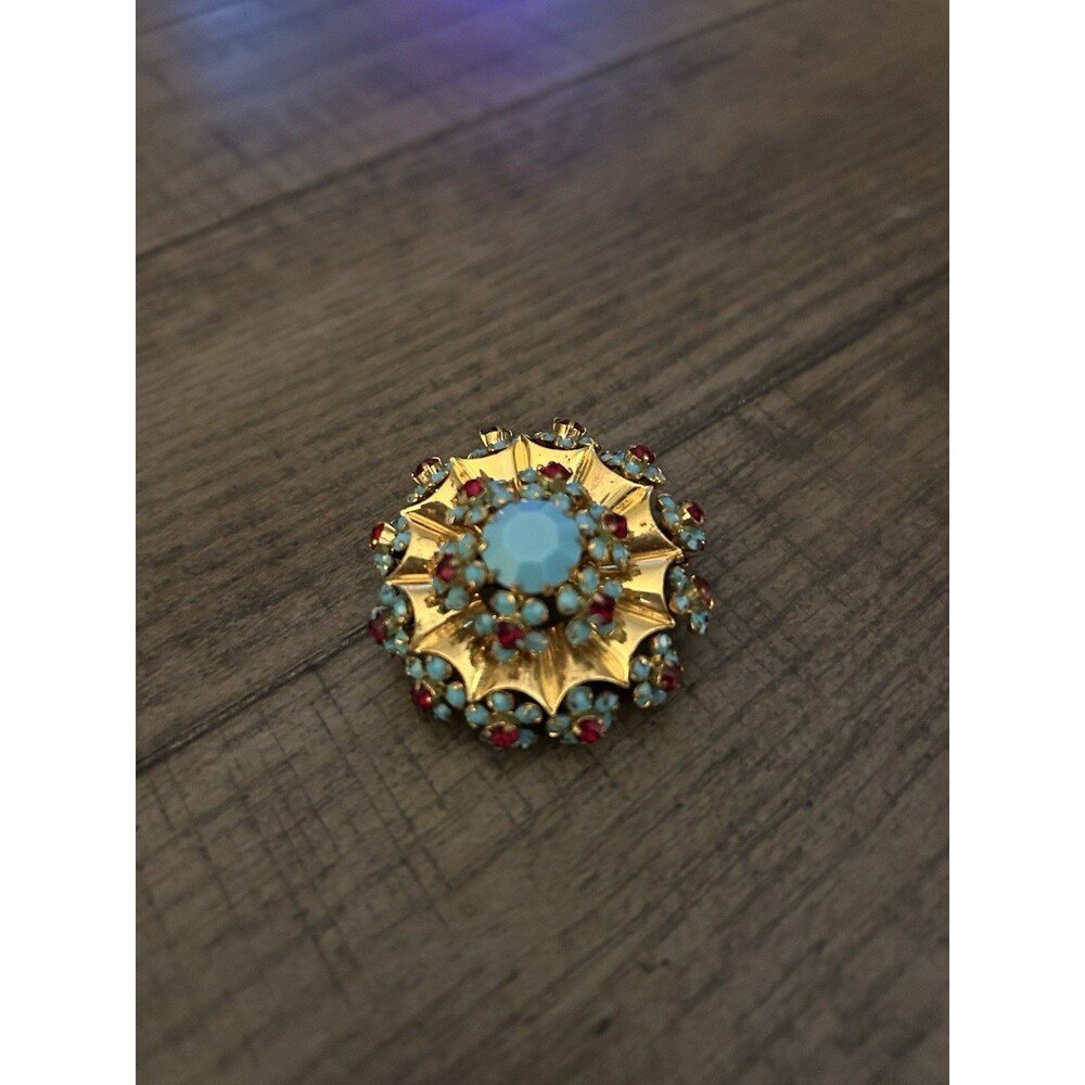 Vintage Faux Turquoise Enamel Red Rhinestone Starburst Brooch Gold Tone Metal